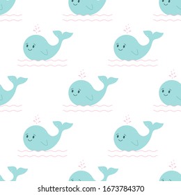 Seamless pattern with cute whales and waves. Vector with happy animal. Print for baby design.