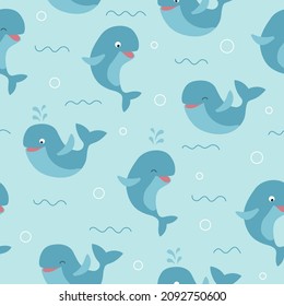 Seamless pattern of cute whales with waves on blue background. Vector illustration