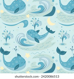 Seamless pattern with cute whales, waves and stars. Vector illustration.