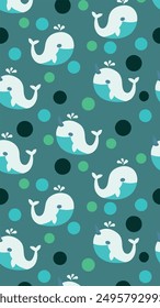 Seamless pattern with cute whales, waves and stars. Vector illustration.