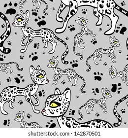Seamless pattern with cute while ocelots