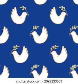 Seamless pattern with cute with white birds with branches for gift wrap, textile or book covers, wallpapers and scrapbook. Dark blue background. Vector.