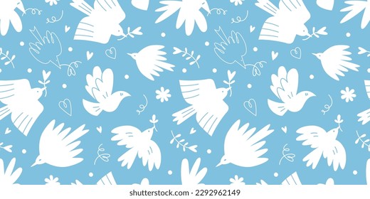 Seamless pattern with cute white birds and hearts on a blue background, cartoon style. Dove of peace, no war and freedom concept. Trendy modern vector illustration, hand drawn, flat design.