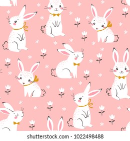 Seamless pattern of cute white bunnies on pink background with floral elements.