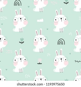 Seamless pattern of cute white bunnies in glasses on green background with floral doodle elements. Vector background for children.