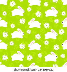 Seamless pattern of cute white bunnies on green background with flower