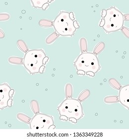 Seamless pattern of cute white bunnies on green background. Children print textile design.