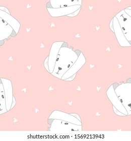 Seamless pattern of cute white bunnies on pink background with hearts. Vector illustration.