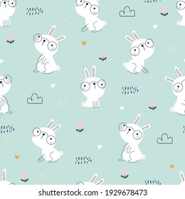 Seamless pattern with cute white bunnies, hearts and floral elements on a green background. Hand drawn bunny, print design hare background. Design for kids in vector.