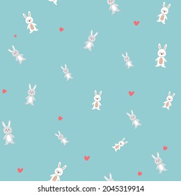 Seamless pattern with cute white bunnies on a light blue background. Vector background for children. Cartoon vector illustration for wallpaper, wrapping paper, textile print. Flat cartoon
