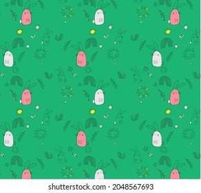 Seamless pattern with cute white bunnies in the forest on a light green background. Vector background for children.