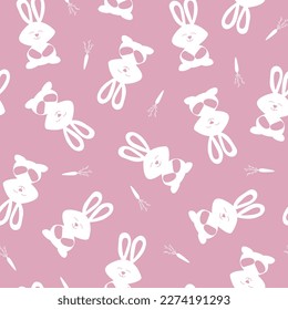 Seamless pattern with cute white bunnies and carrots on a pink background