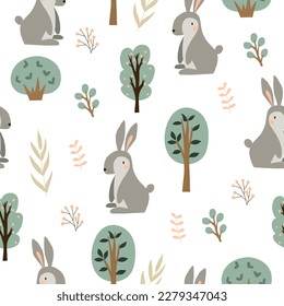 Seamless pattern with cute white bunnies in the forest on a light pink background. Vector background for children.