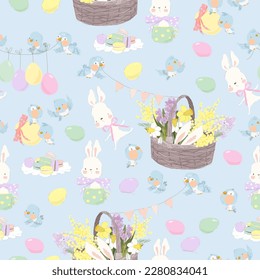Seamless Pattern with Cute White Bunnies, Flowers and Easter Eggs