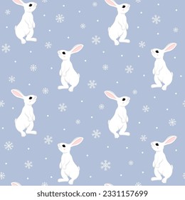 Seamless pattern with cute white bunnies and snowflakes. Cartoon rabbit, hare character flat vector illustration. Christmas, New Year, winter nature.