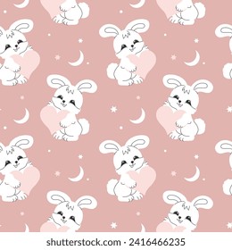 Seamless pattern with cute white bunnies on a pastel background with stars. Baby print, design for Nursery bedroom. Vector