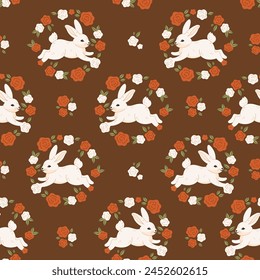 Seamless pattern with cute white bunnies and roses. Vector graphics.