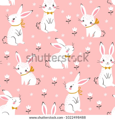 Seamless pattern of cute white bunnies on pink background with floral elements.