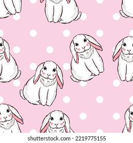 Patrón sin foco con conejito blanco lindo y puntos de polka para el diseño de la niña, vectores de impresión de tela textil