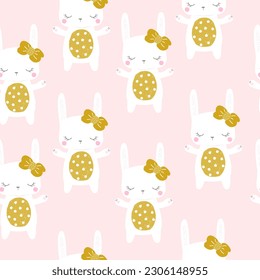 Seamless pattern with cute white bunny. Girlish print. Vector hand drawn illustration.