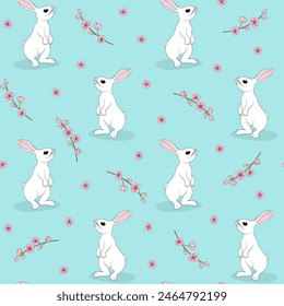 Nahtloses Muster mit niedlichem weißen Häschen-Charakter und Sakura-Blumen. Kawaii Cartoon Kaninchen Kunst und Kirschblüte. Frühling Natur flache Vektorillustration auf hellem Hintergrund