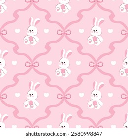 Seamless pattern of cute white bunny with a pink bow and heart on pink pastel background . Perfect for baby products, greeting cards, and fabric.