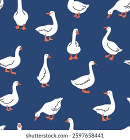 Seamless pattern of cute white cartoon style geese. Vector goose illustration on blue