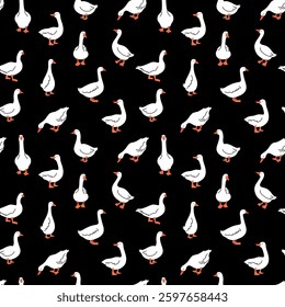Seamless pattern of cute white cartoon style geese. Vector goose illustration on black