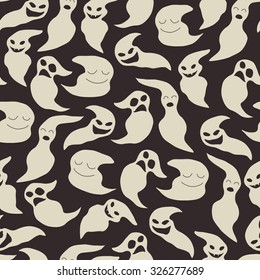 Seamless pattern with cute white cartoon ghosts on a black background. For use as a halloween decoration.