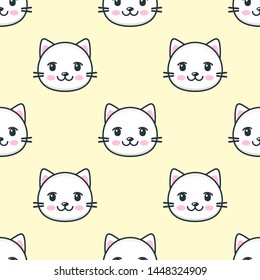Seamless pattern with cute white cat faces