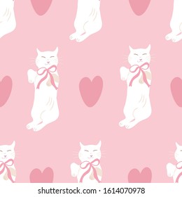 Seamless pattern with  cute white cat. Pink background with hearts. Valentine's day illustration.Romantic decor 