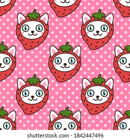 Seamless pattern with cute white cat in funny costume strawberry. Beautiful print for packaging, wrapping paper, textile, home decor etc. 