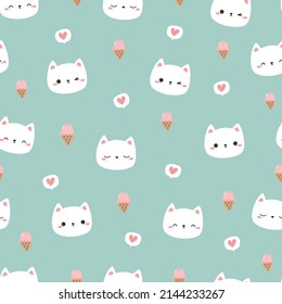 Seamless pattern with cute white cat face with ice cream cartoon flat design on green background