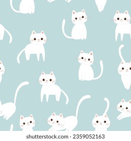 seamless pattern of cute white cat cartoon  on pastel blue background vector illustration