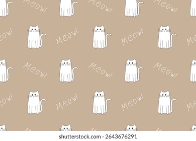 Padrão contínuo de gato branco bonito no fundo de café castanho. Design de desenho animado. Animal de estimação, fauna, doméstico. Para fundos, papéis de parede, têxteis, embalagens ou site.