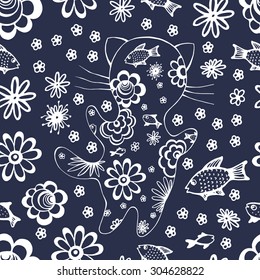 Seamless pattern with cute white cat contour, fishes and flowers on dark blue background.