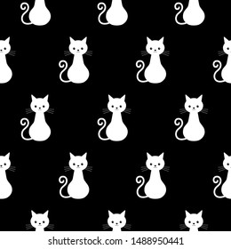 Seamless pattern of the cute white cats flat design in black background