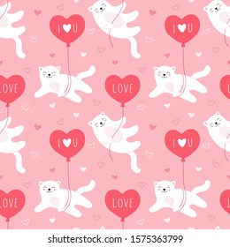Seamless pattern of cute white cats flying on a balloon. Valentine's day, declaration of love. Cartoon vector print for wrapping, fabric, wallpaper.