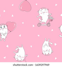 Seamless pattern with cute white cats with balloons in the shape of a heart and on a scooter. Cats on a pink background. Hand-drawn. Valentine s day.