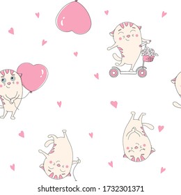 Seamless pattern with cute white cats with balloons in the shape of a heart and on the scooter. Cats on a white background. Hand-drawn. Valentine's day.
