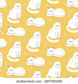 Seamless pattern with cute white cats and dots on yellow background.