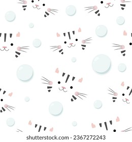 seamless pattern of cute white  cats black stripes with bubbles  on white background , vector , illustration