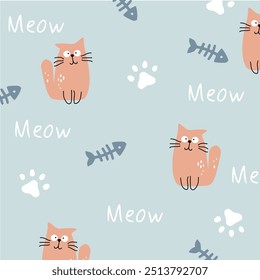 Seamless pattern with cute white cats with pink bows. Vector graphics.