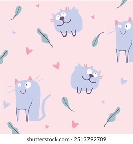 Seamless pattern with cute white cats with pink bows. Vector graphics.