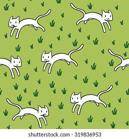 Seamless Pattern with Cute White Cats Running on Green Grass. Vector Illustration in Cartoon Style for Your Design. Pattern for Textile or Background. Kid Colorful Character. Jumping white kittens.