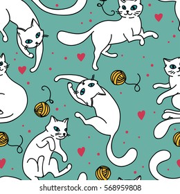 seamless pattern with cute white cats, vector illustration