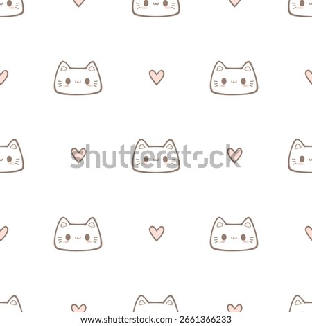 Seamless pattern with cute white cats with hearts cartoon doodle pastel on white backround, Childish kitty pattern, Kawaii pattern for fabric