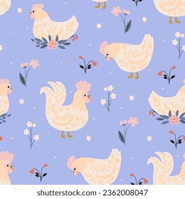 Seamless pattern with cute white chickens and flowers on a blue background. Vector graphics.