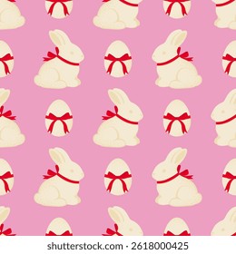 Seamless pattern with cute white chocolate bunnies, eggs and red bows on a pink background. Vector Easter editable background.