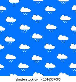 Seamless pattern with cute white clouds and raining drops on blue background. Great for swatches, fabric, wall art, wrapping, nappy, etc. Vector Illustration.